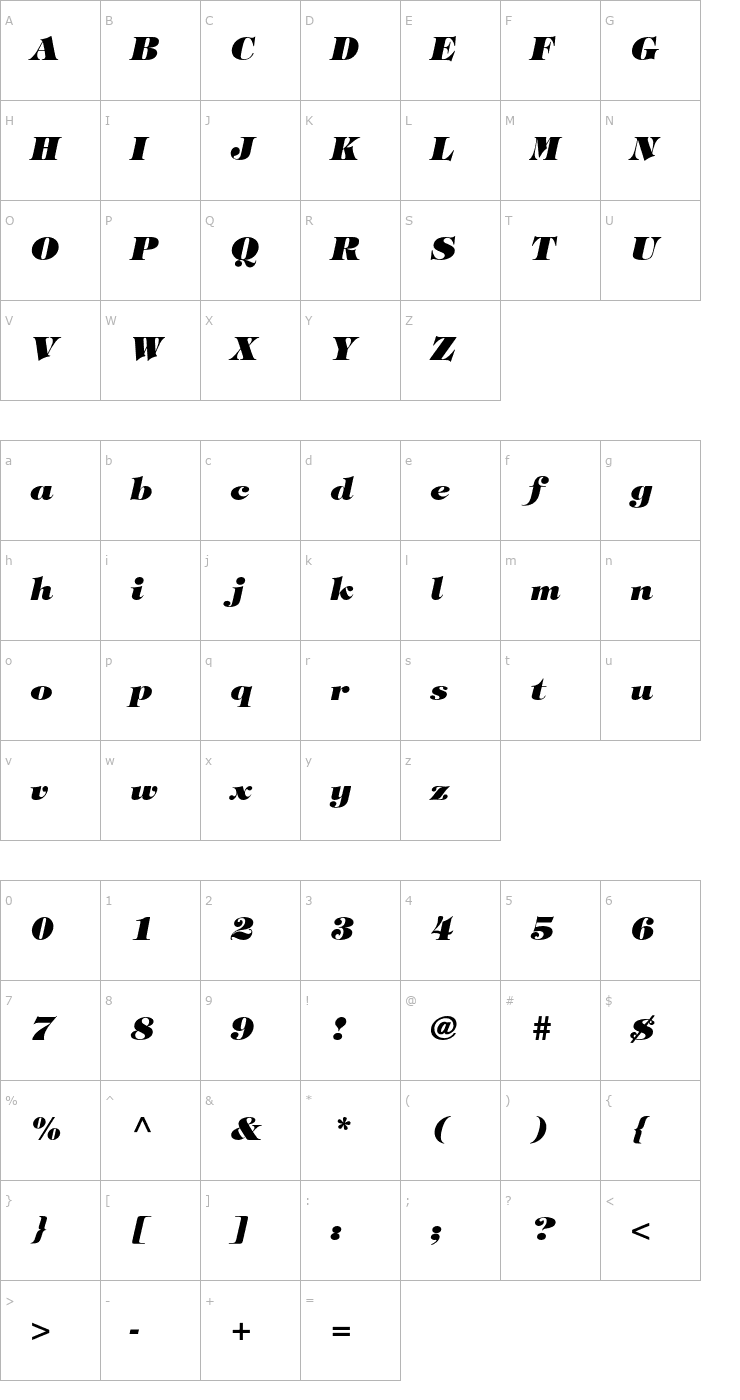Character Map TiffanyStd-HeavyItalic Font