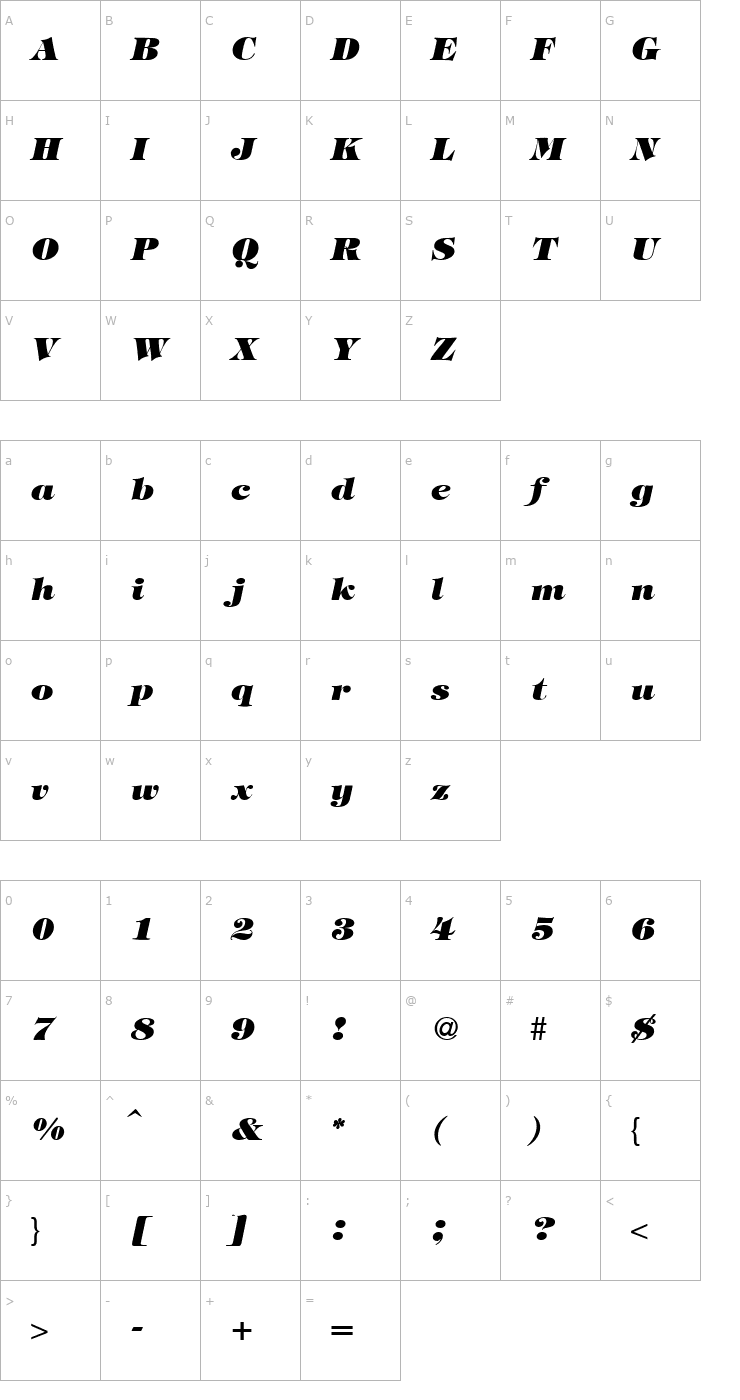 Character Map TiffanyTwoHeavy-RegularItalic Font