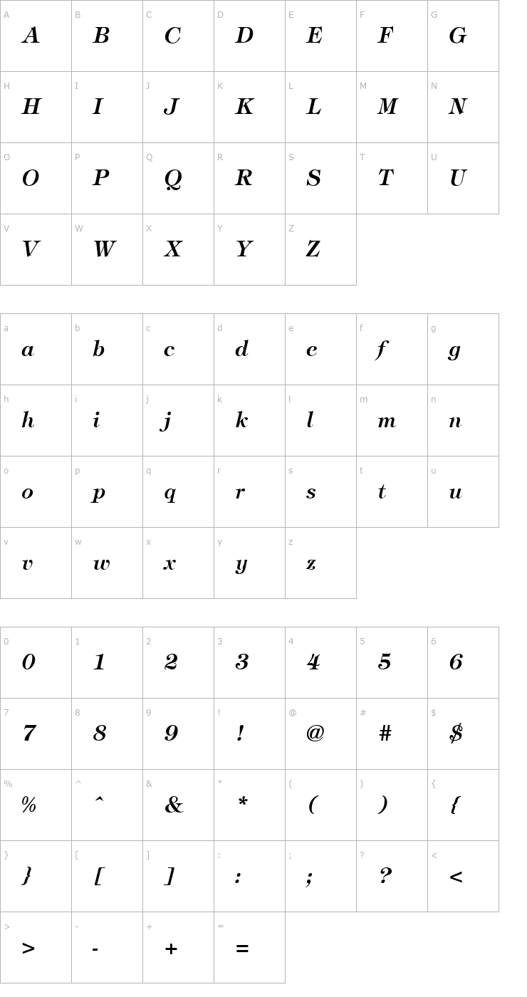 Character Map Timbrel Bold Italic Font