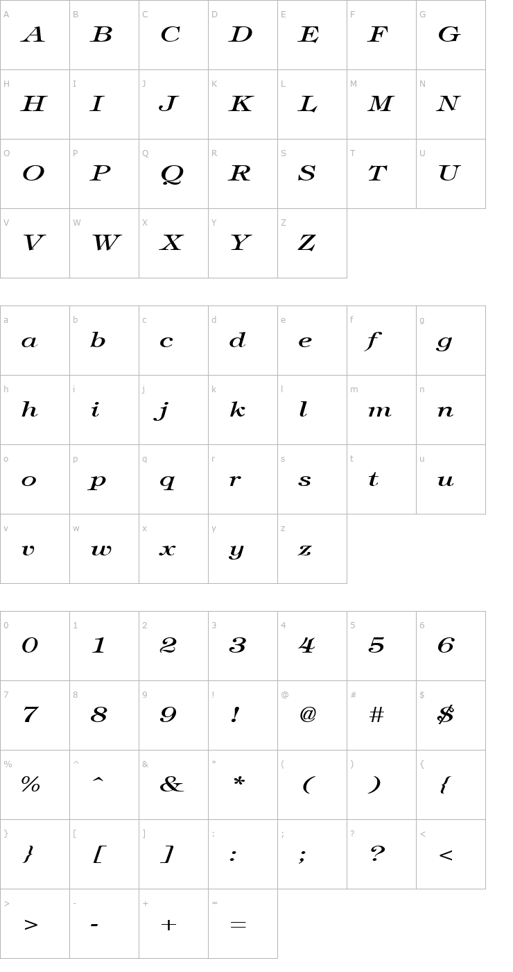 Character Map TimbrelBroad Italic Font