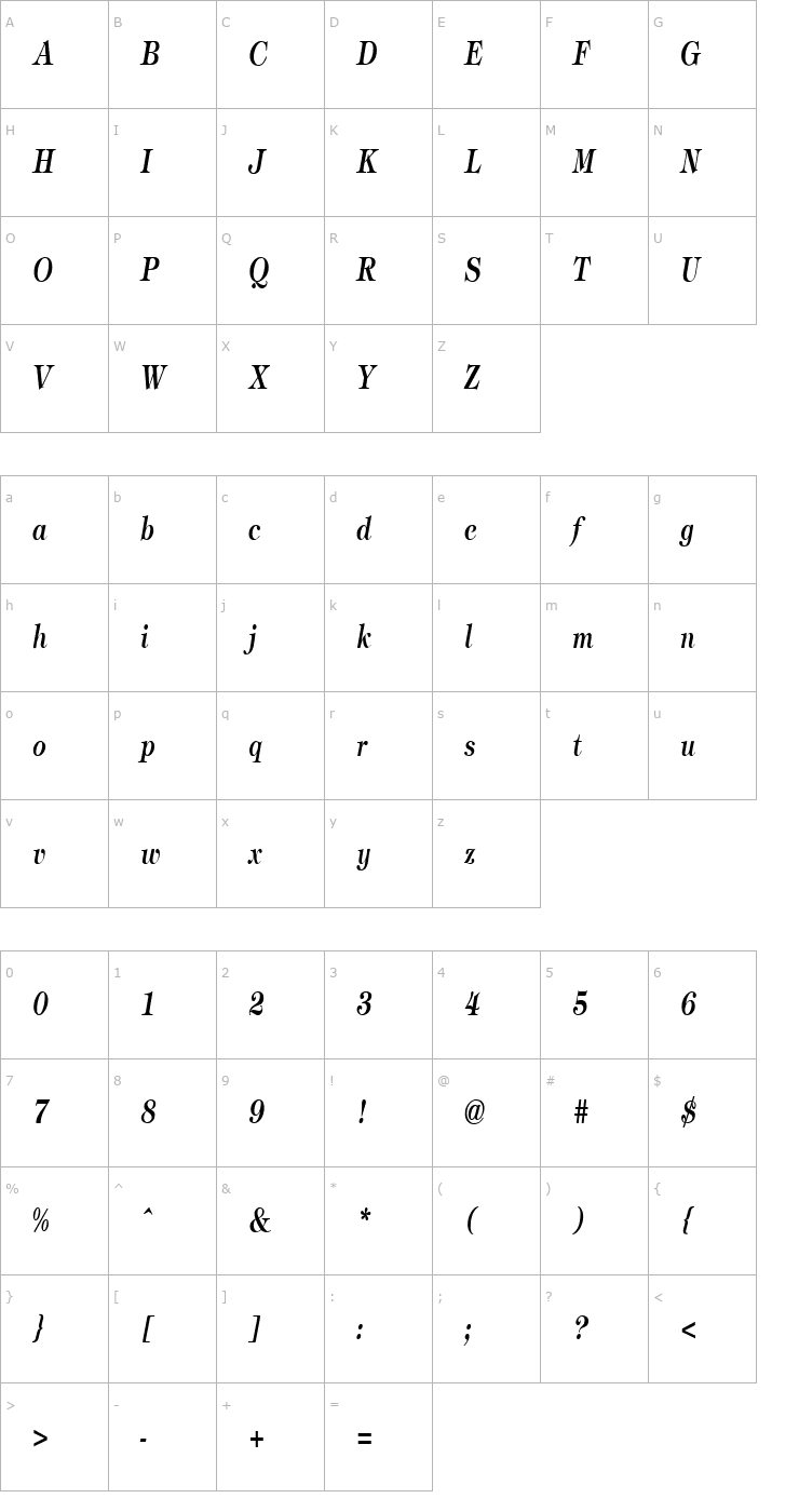Character Map TimbrelCondensed Bold Italic Font