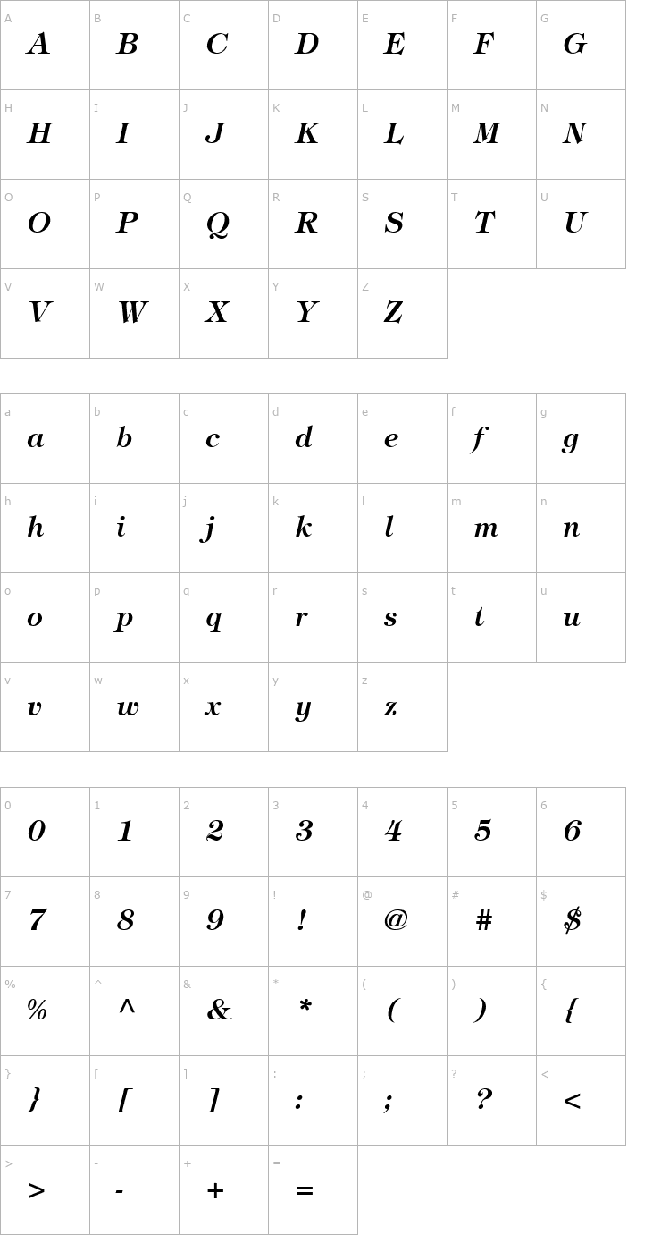 Character Map Timpani Bold Italic Font