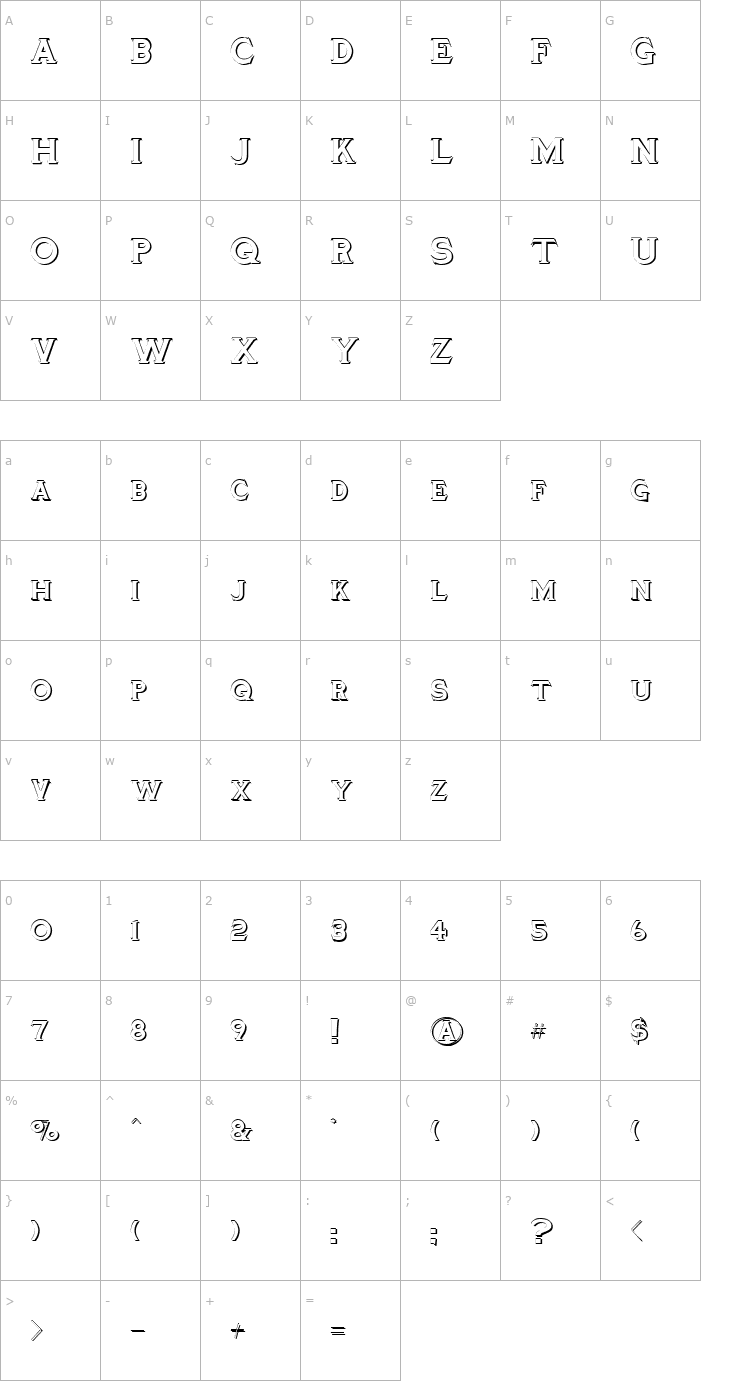 Character Map TinplateTitlingShadowed Font