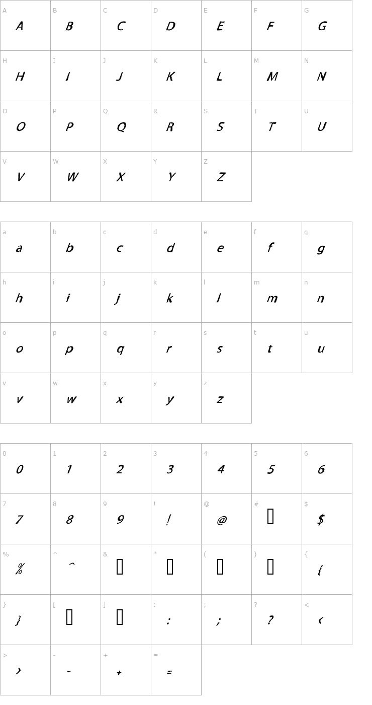 Character Map TNEWPRO NormalItalic Font