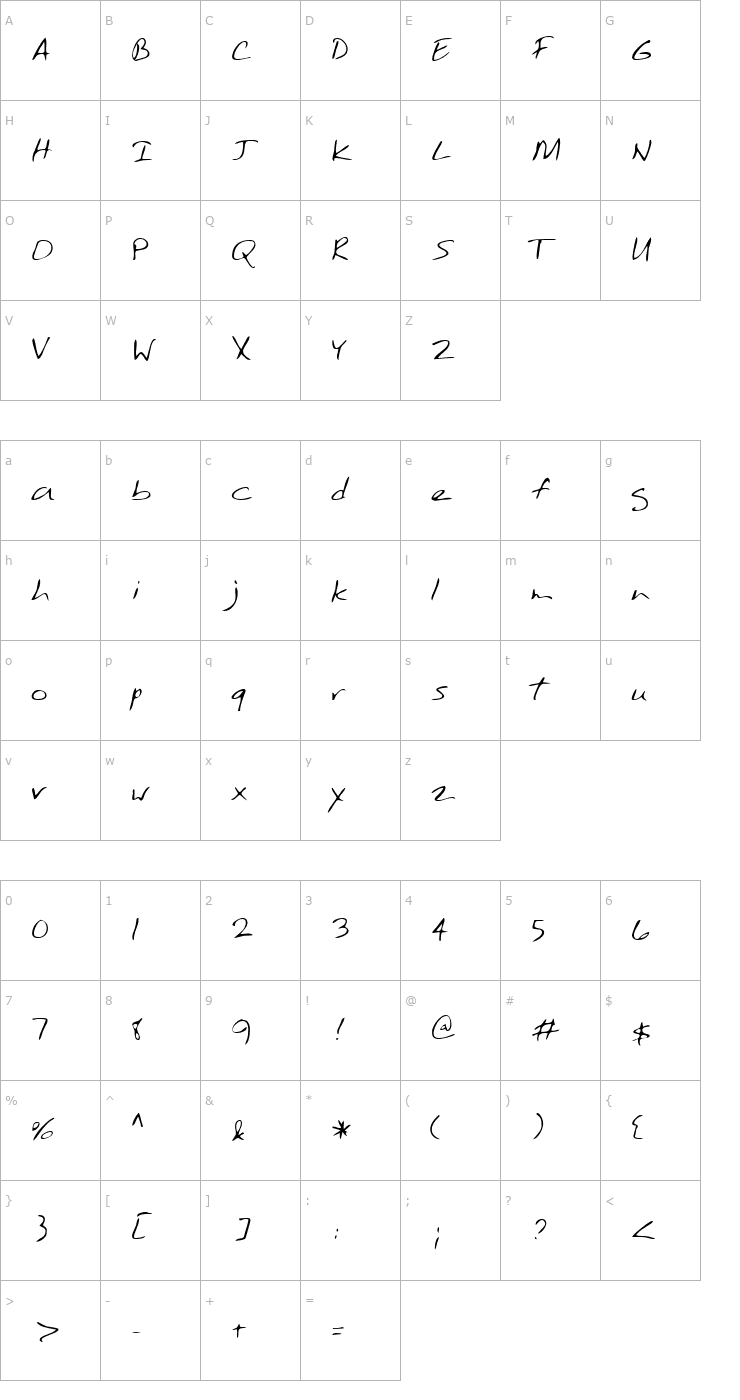 Character Map TobysHand Regular Font