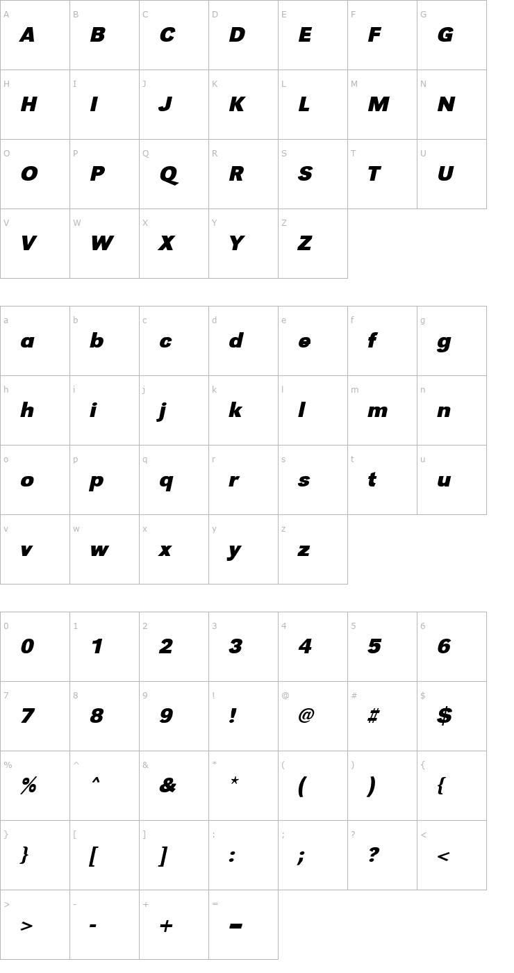Character Map TomBecker Bold Italic Font