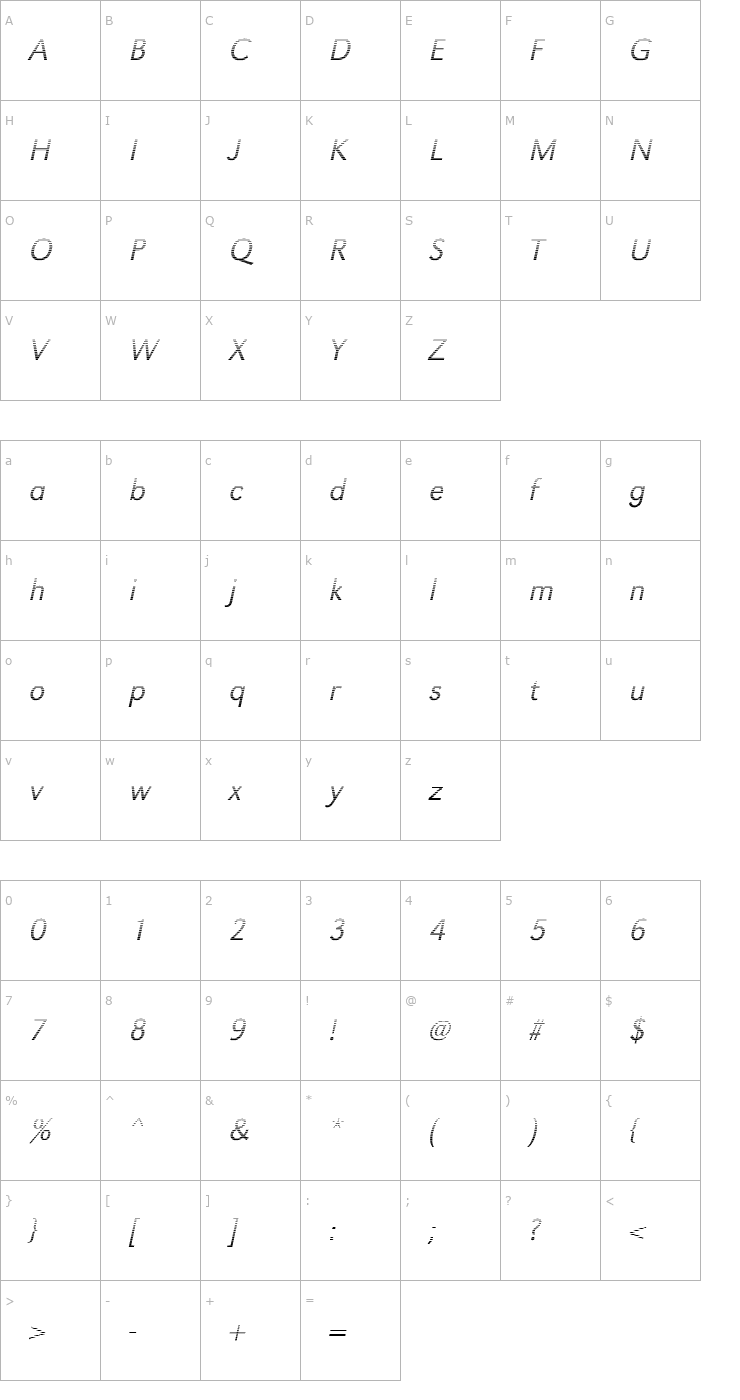 Character Map TomBeckerGradient-Light-Italic Font