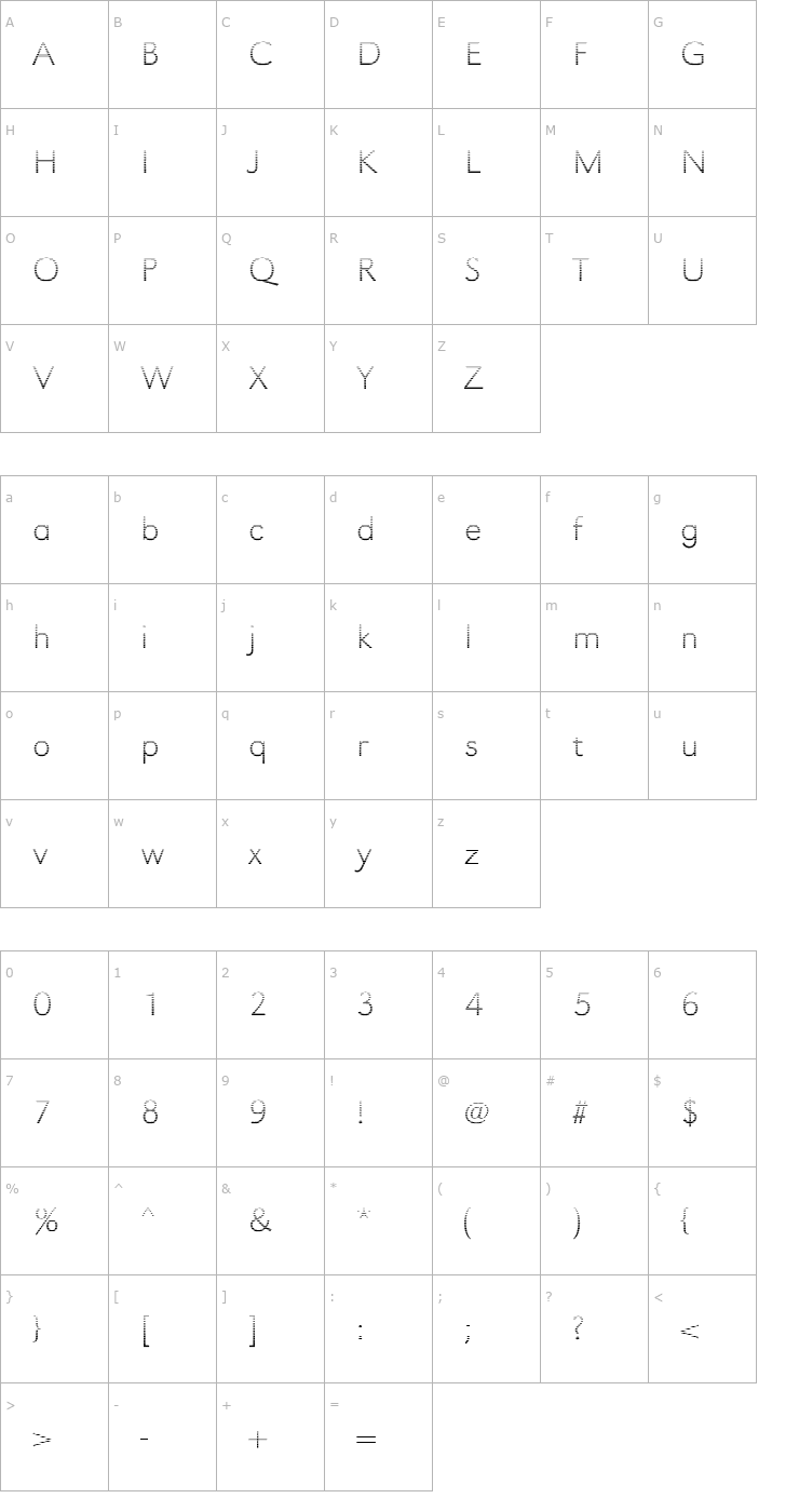 Character Map TomBeckerGradientE-Xlight Font