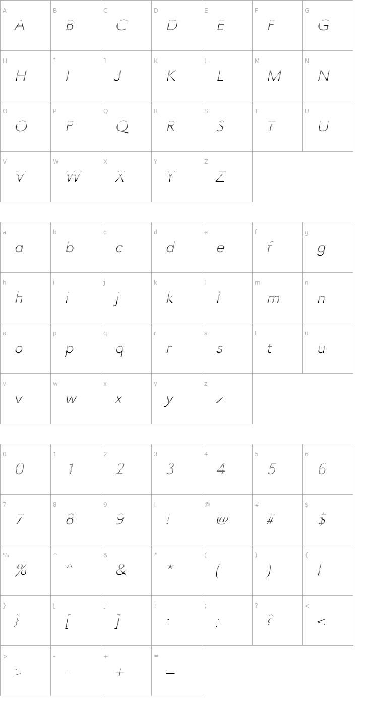 Character Map TomBeckerGradientE-Xlight-Italic Font