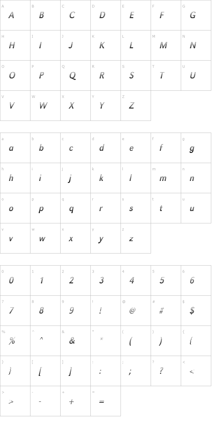 Character Map TomBeckerGradientN-Italic Font