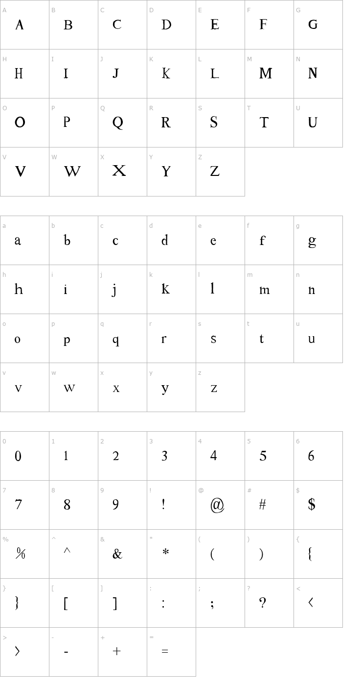 Character Map Tom's New Roman Font
