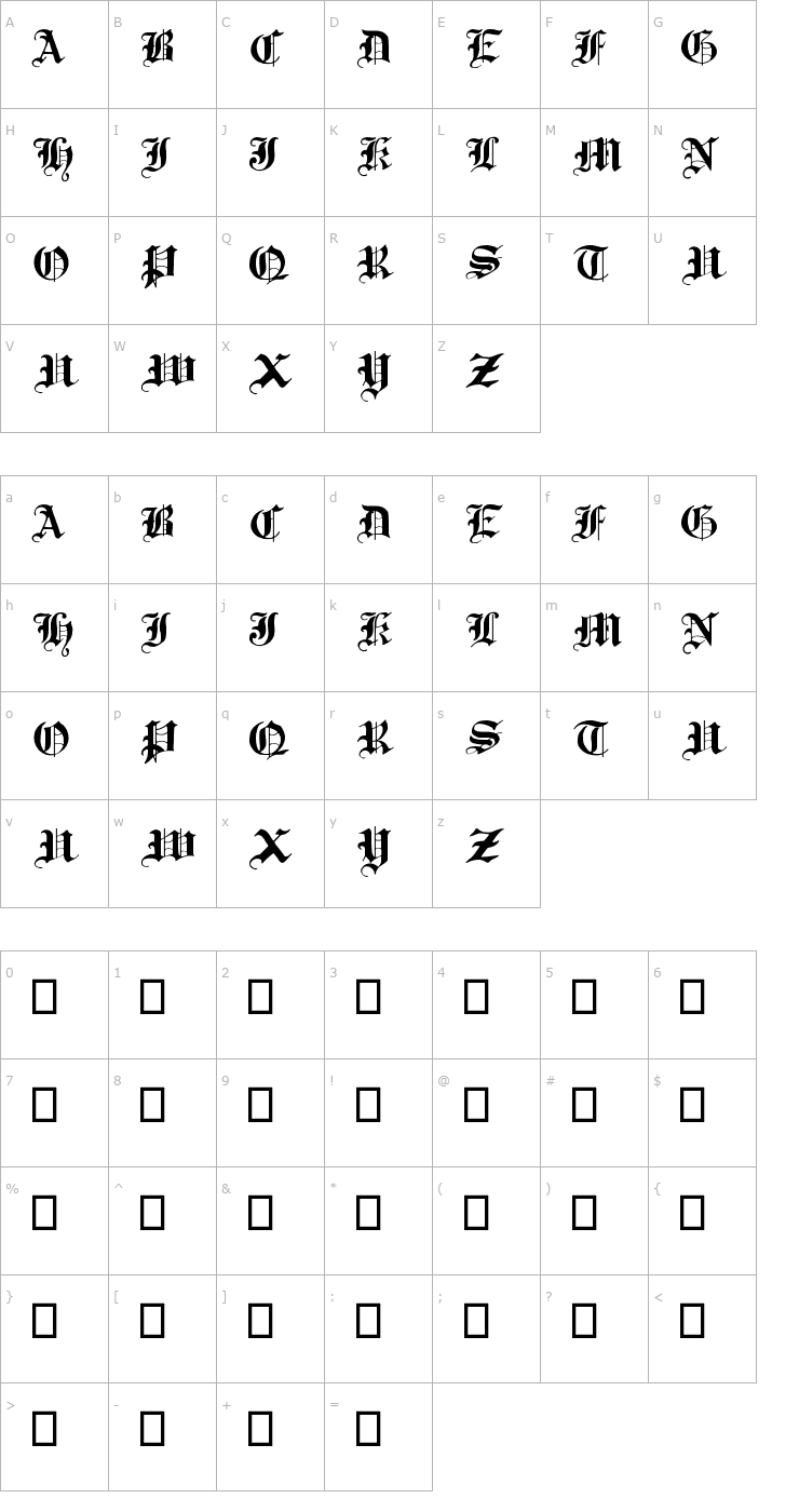 Character Map Traditional Gothic, 17th c. Font