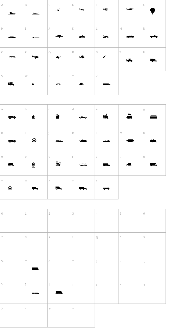 Character Map Traffic Font