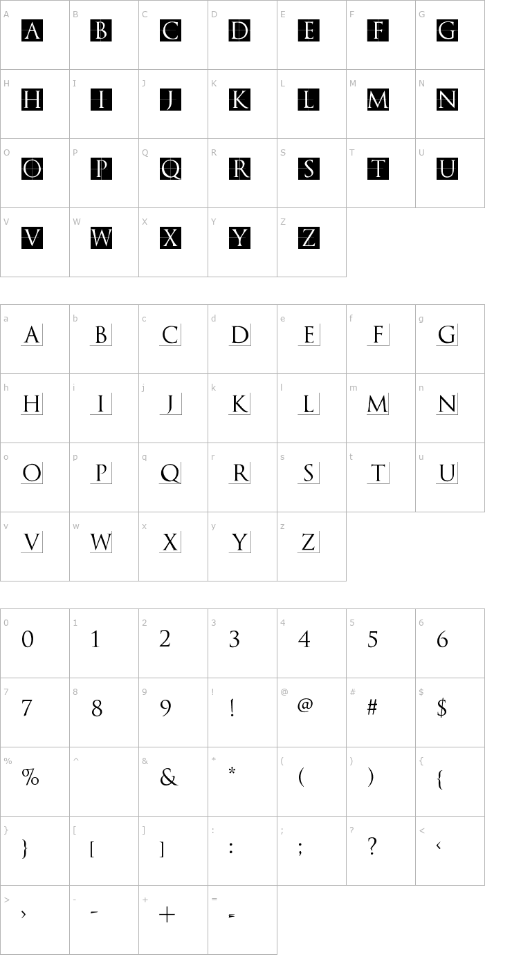 Character Map TrajanusBriX-Invers Font