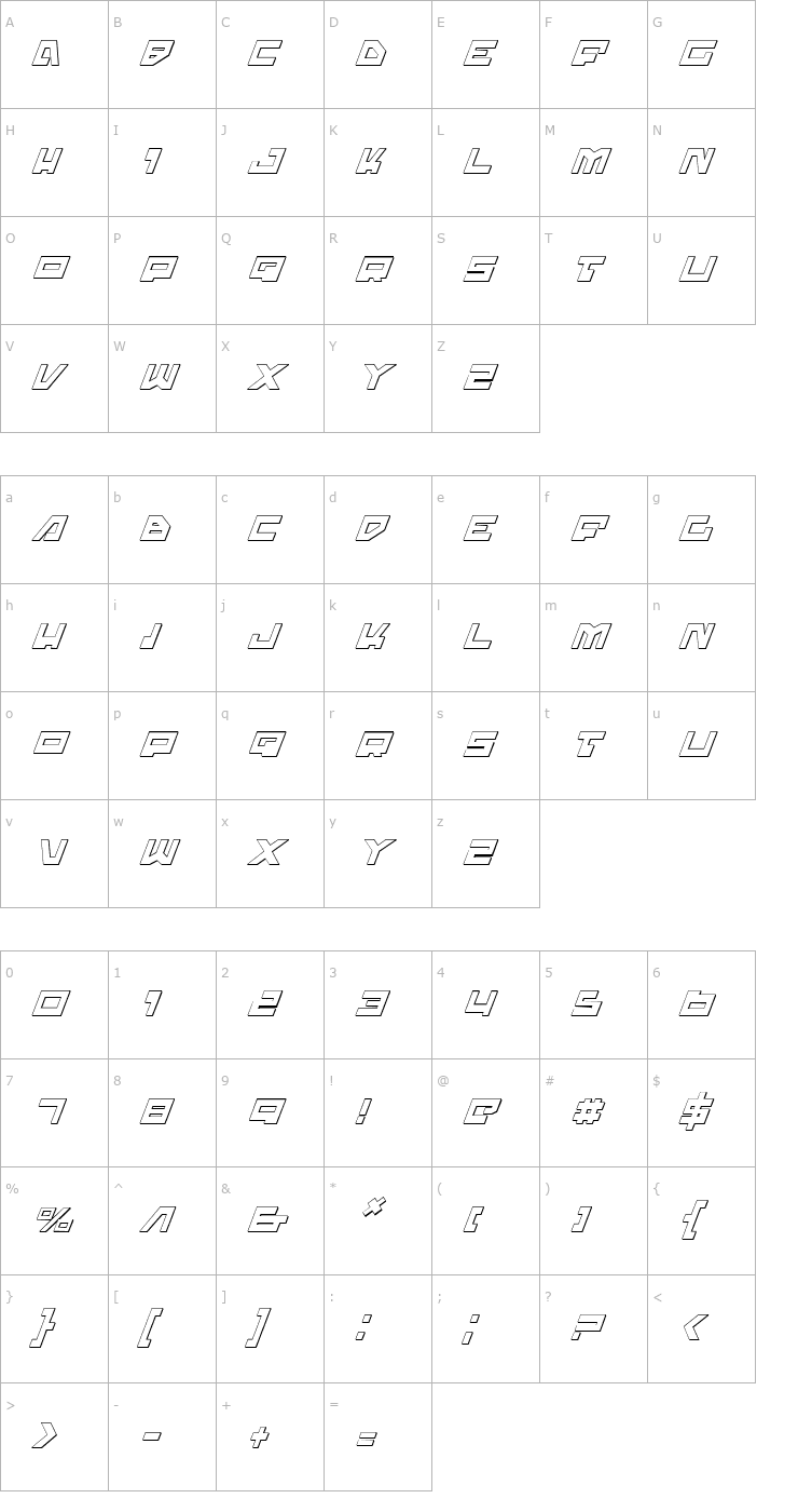 Character Map Trajia Shadow Italic Font