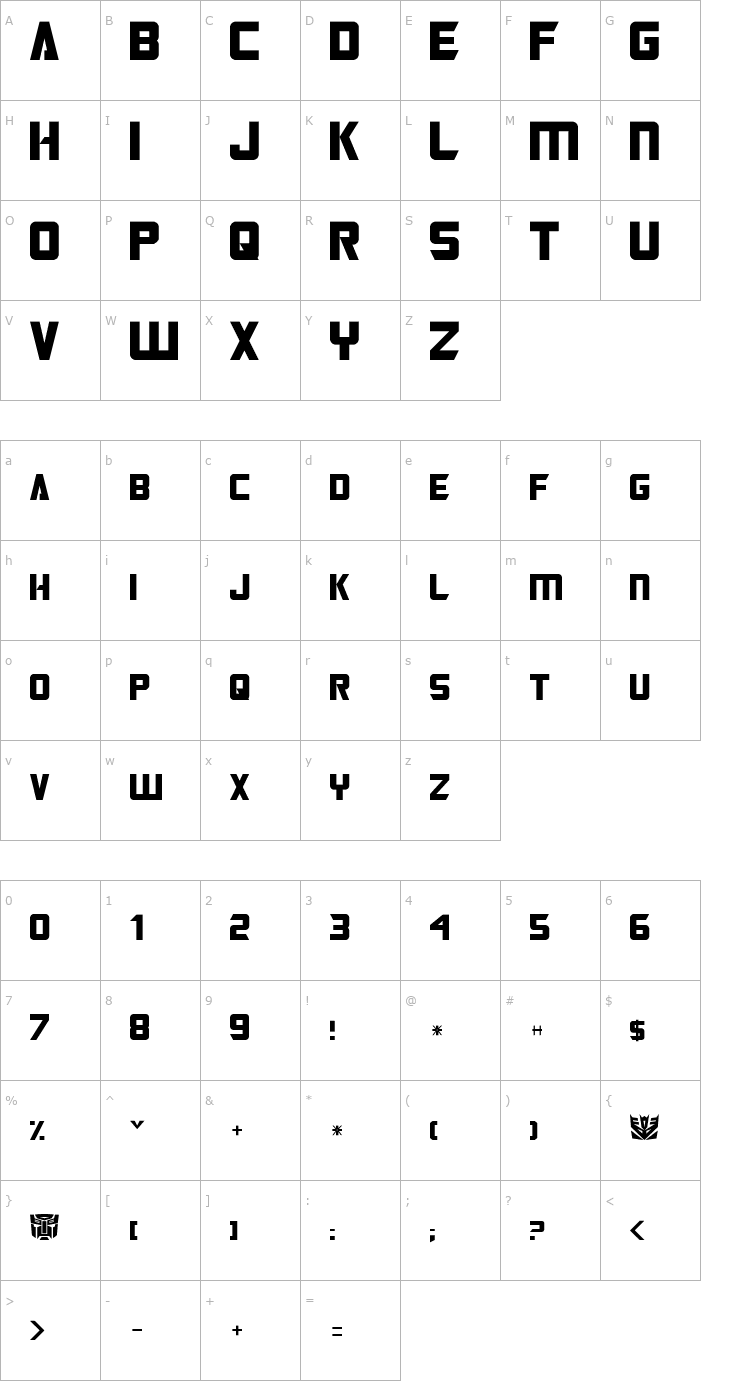 Character Map Transformers Font