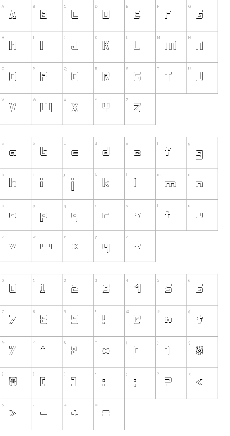 Character Map Transformers Hollow Normal Font