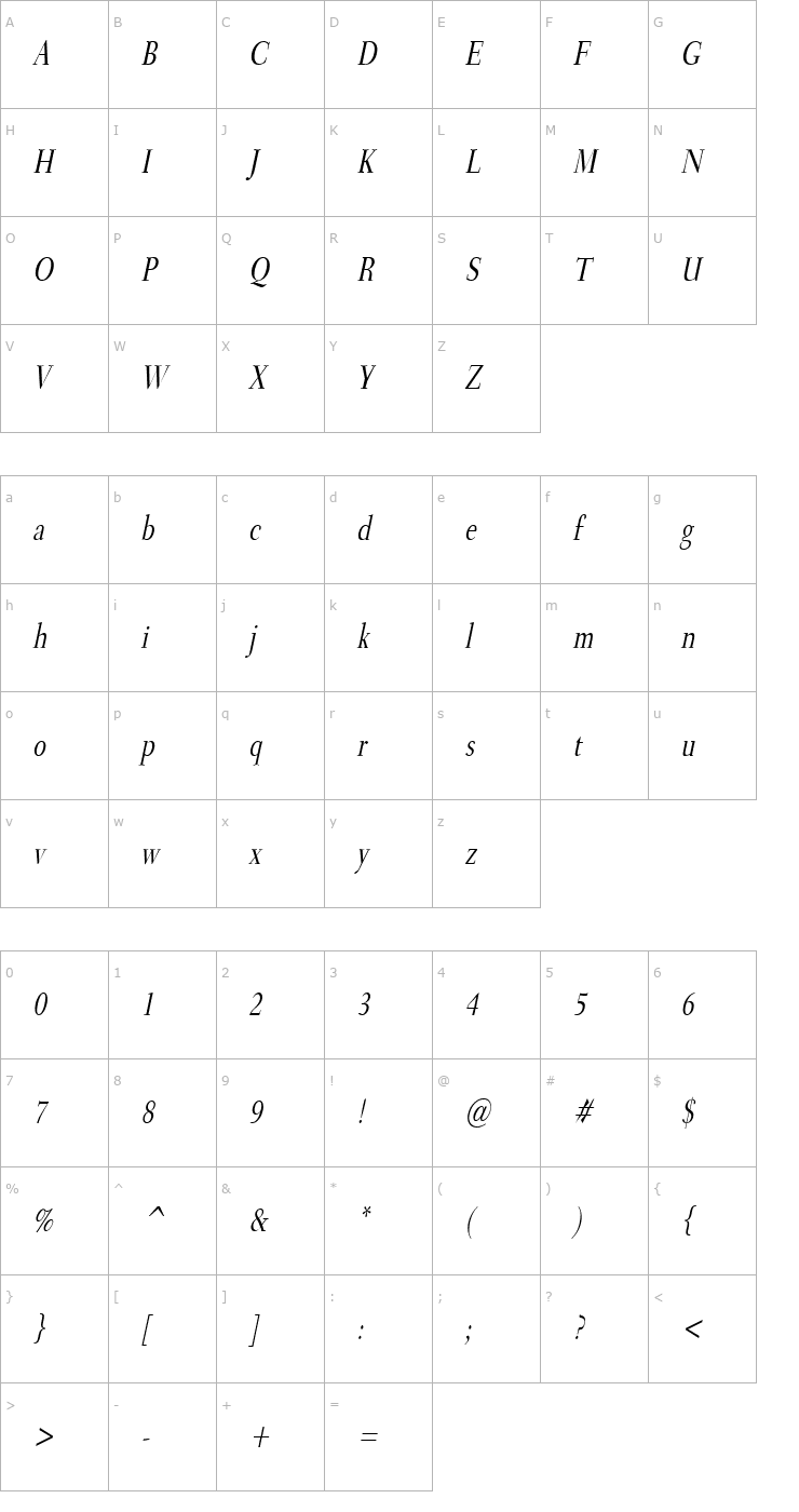 Character Map Transit Condensed Italic Font