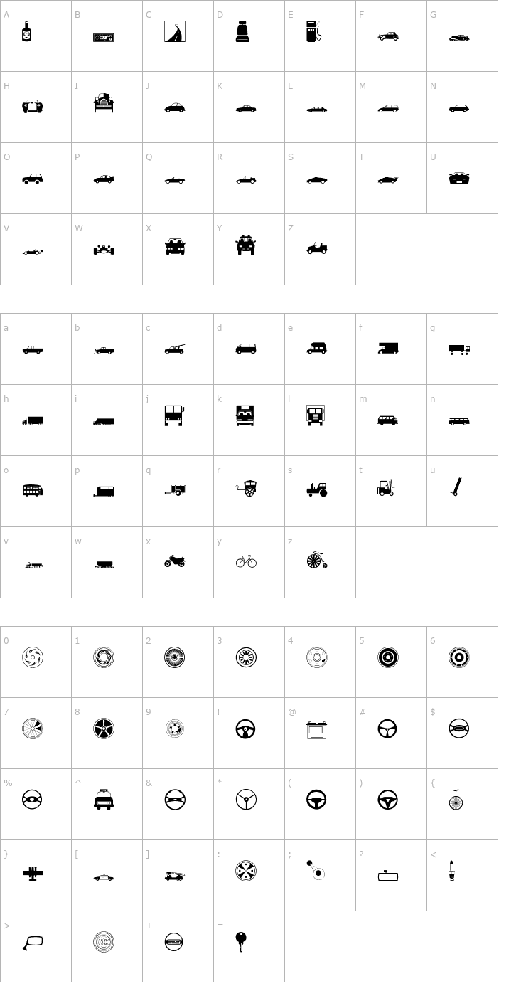 Character Map Transportation Font