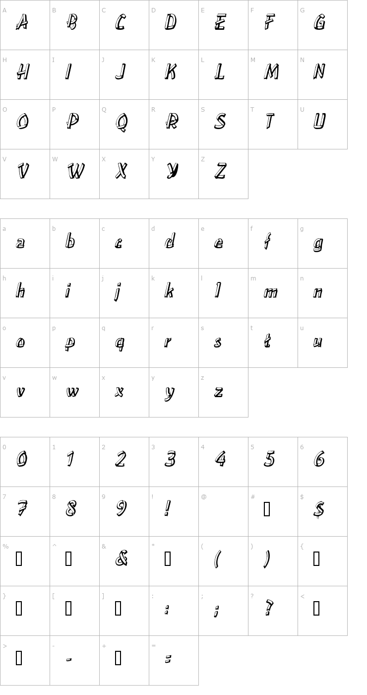 Character Map Treehouse Oblique Font