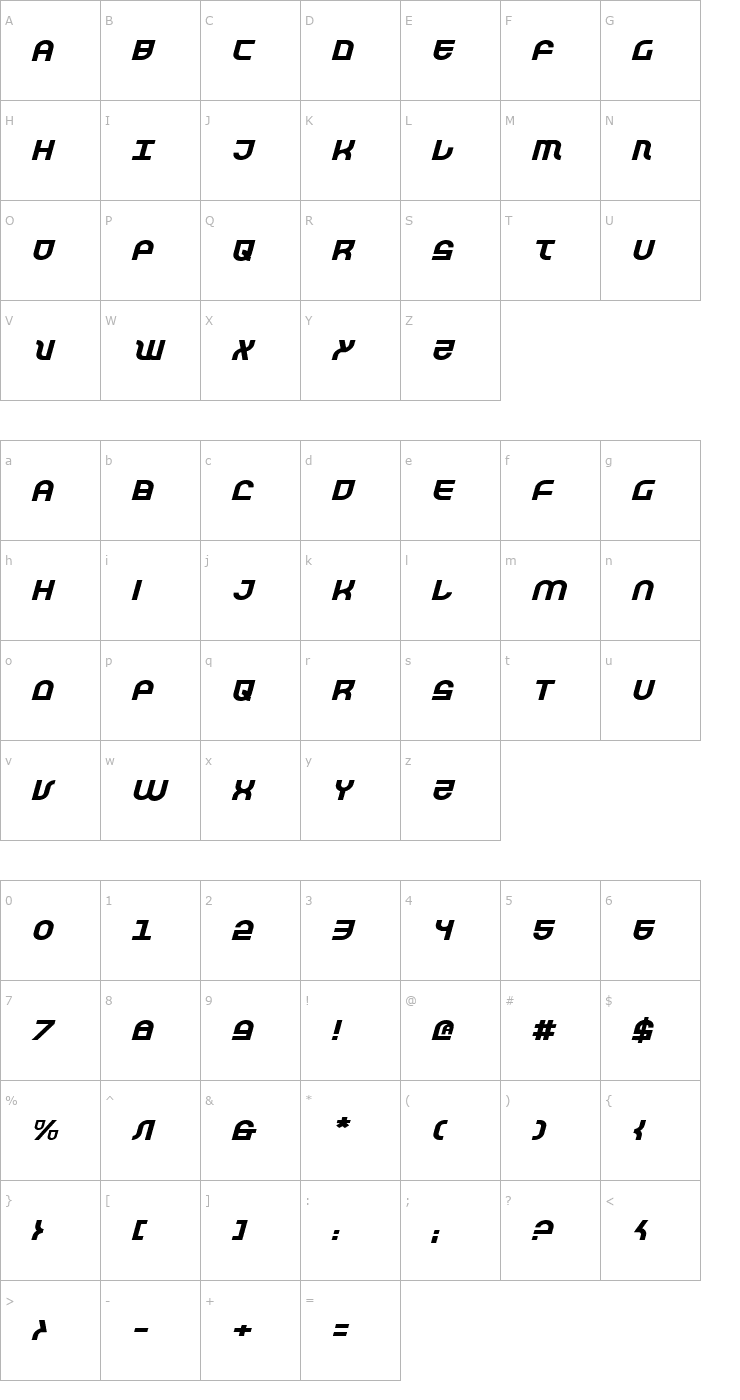 Character Map Trek Trooper Expanded Italic Font