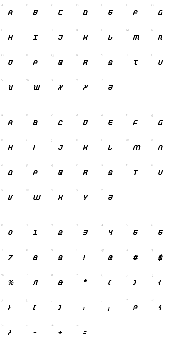 Character Map Trek Trooper Italic Font