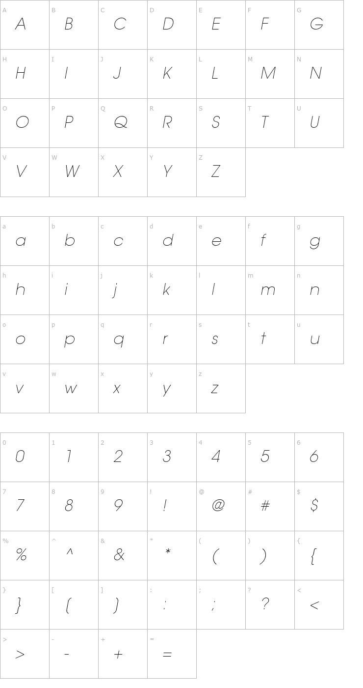 Character Map Trendex Light SSi Extra Light Italic Font