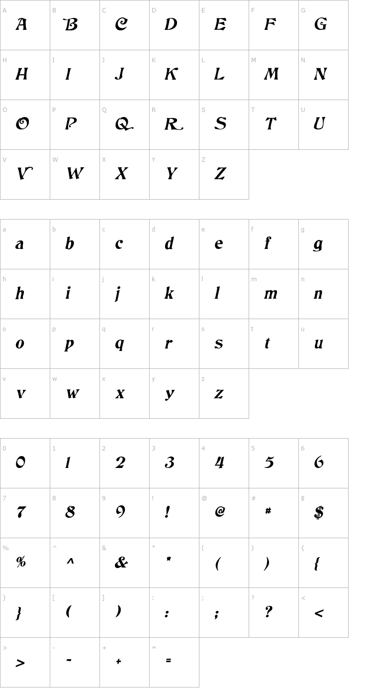 Character Map Tringle Italic Font
