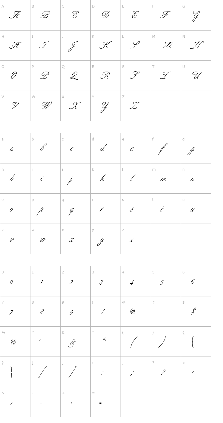 Character Map TrSah AllureScript Font