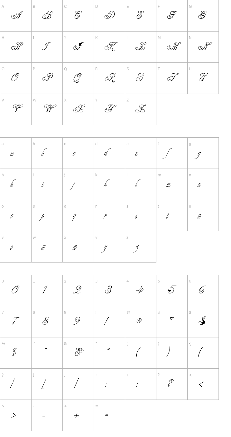 Character Map Tsarine Anastasia Script Font