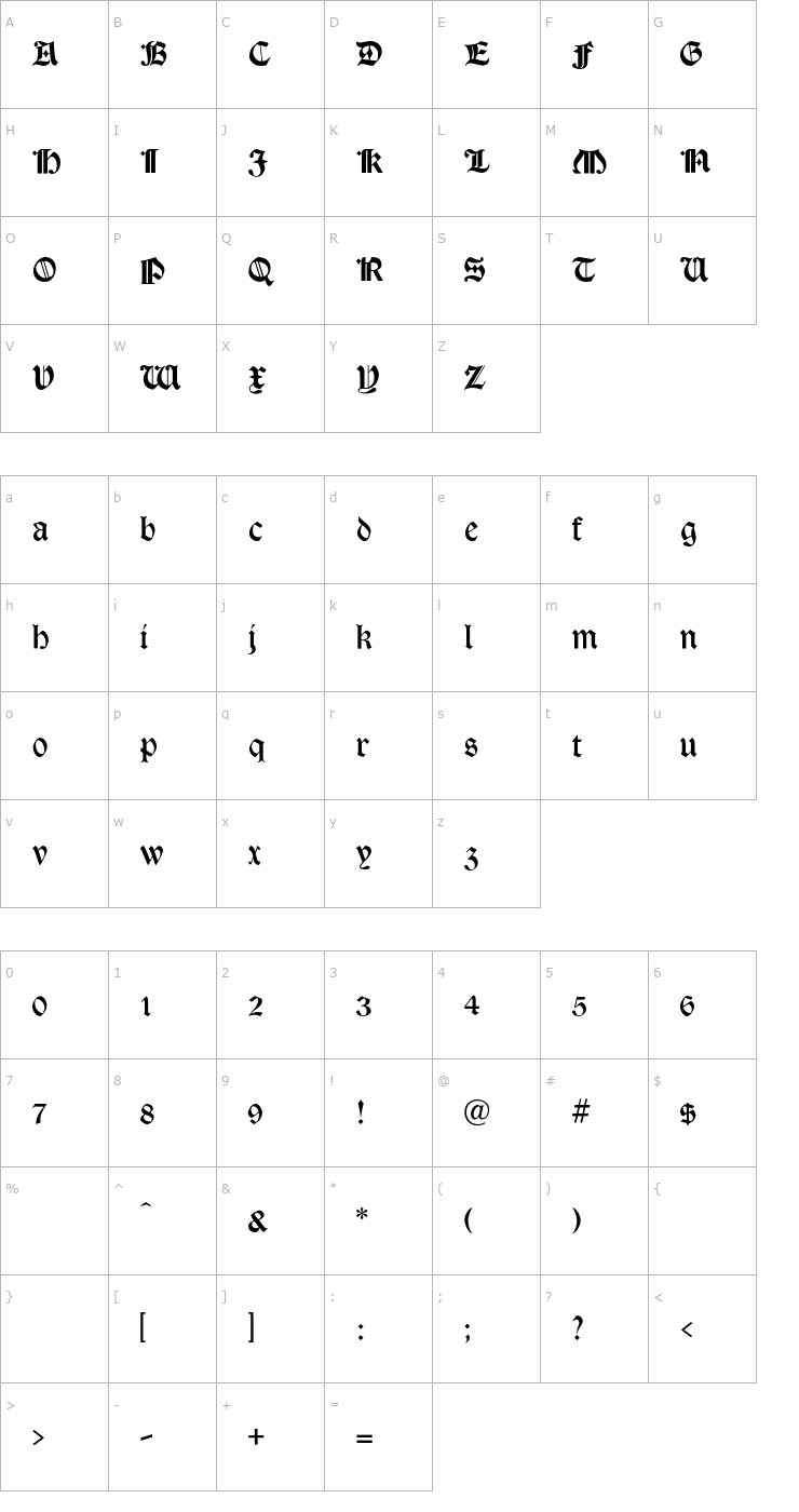Character Map TudorText-Regular Font