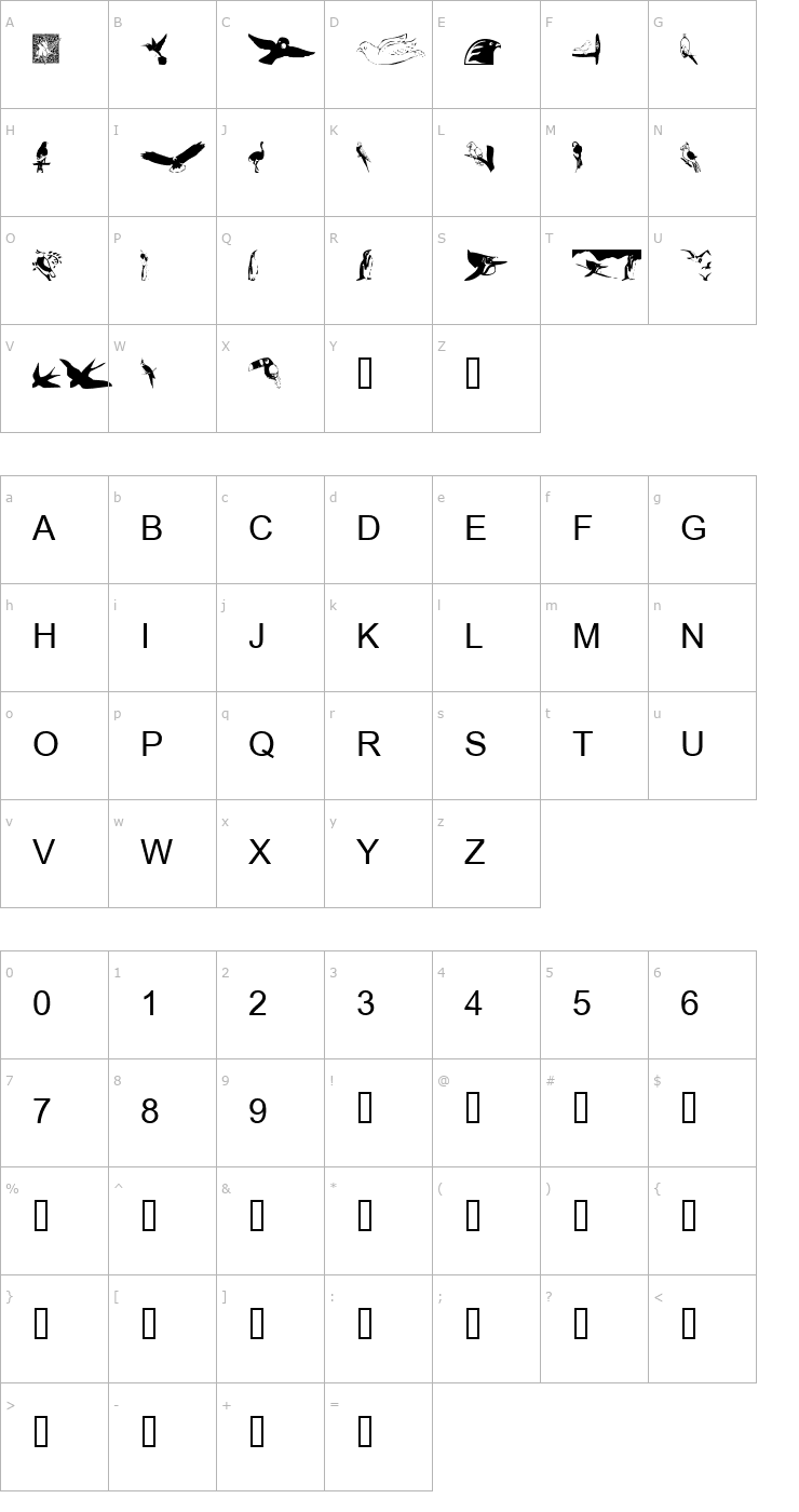 Character Map tungfont bird Font