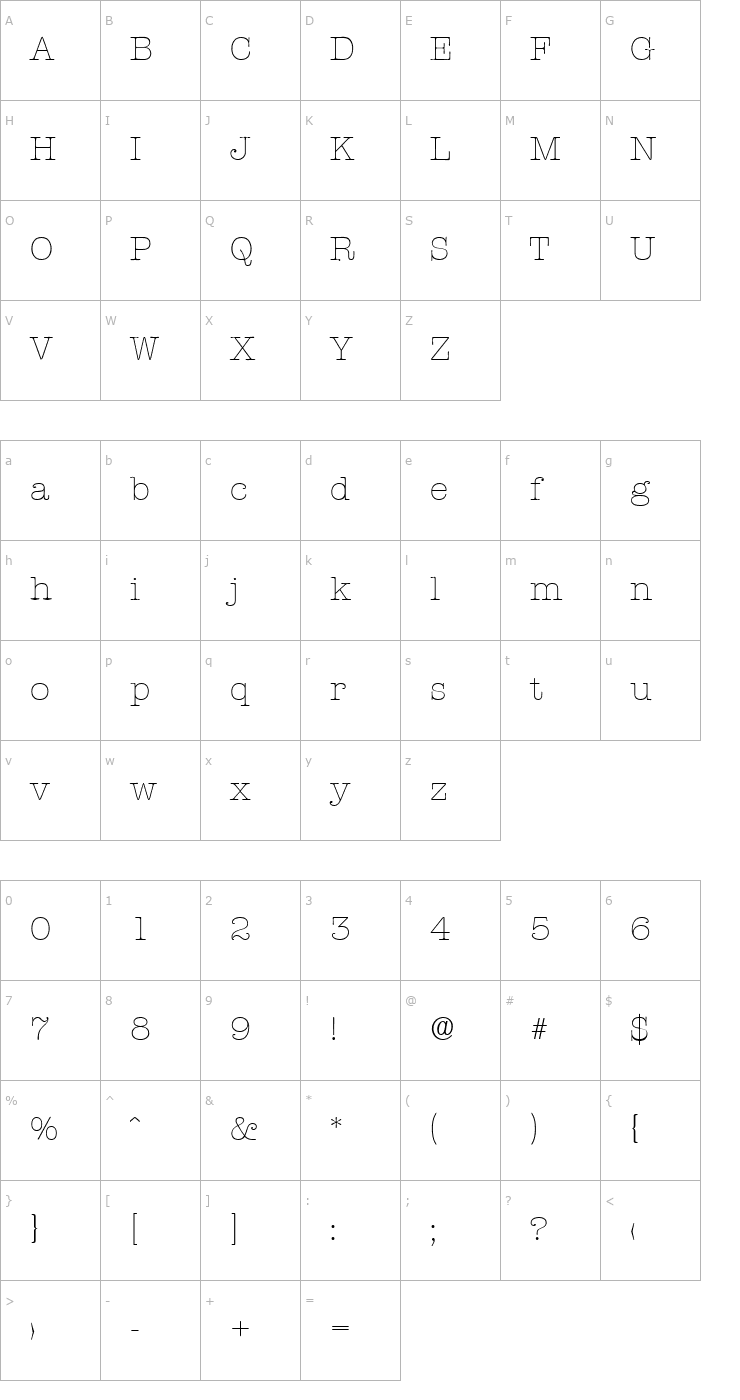 Character Map Typewriter-Serial-ExtraLight-Regular Font