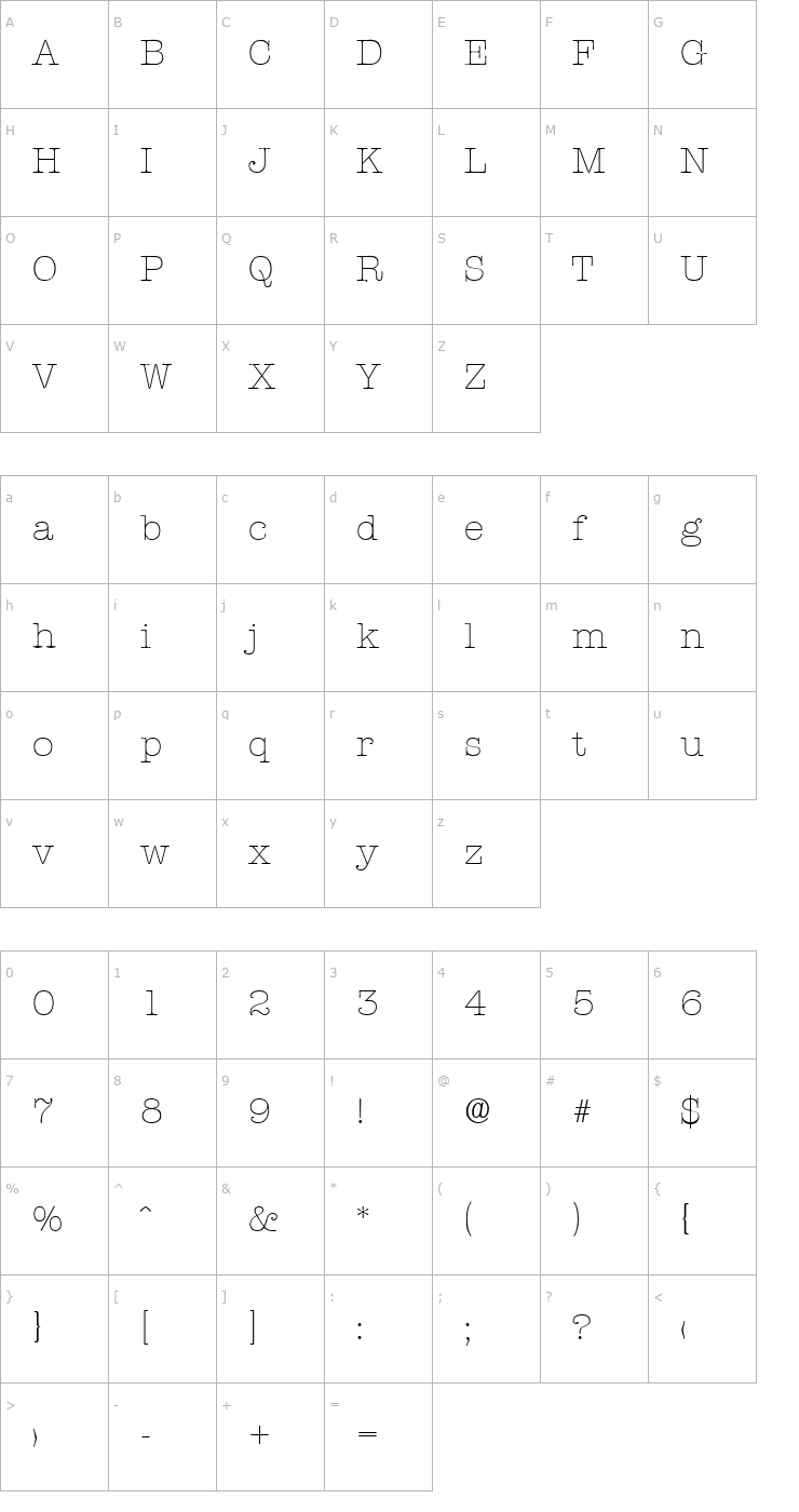 Character Map Typewriter-Xlight Font
