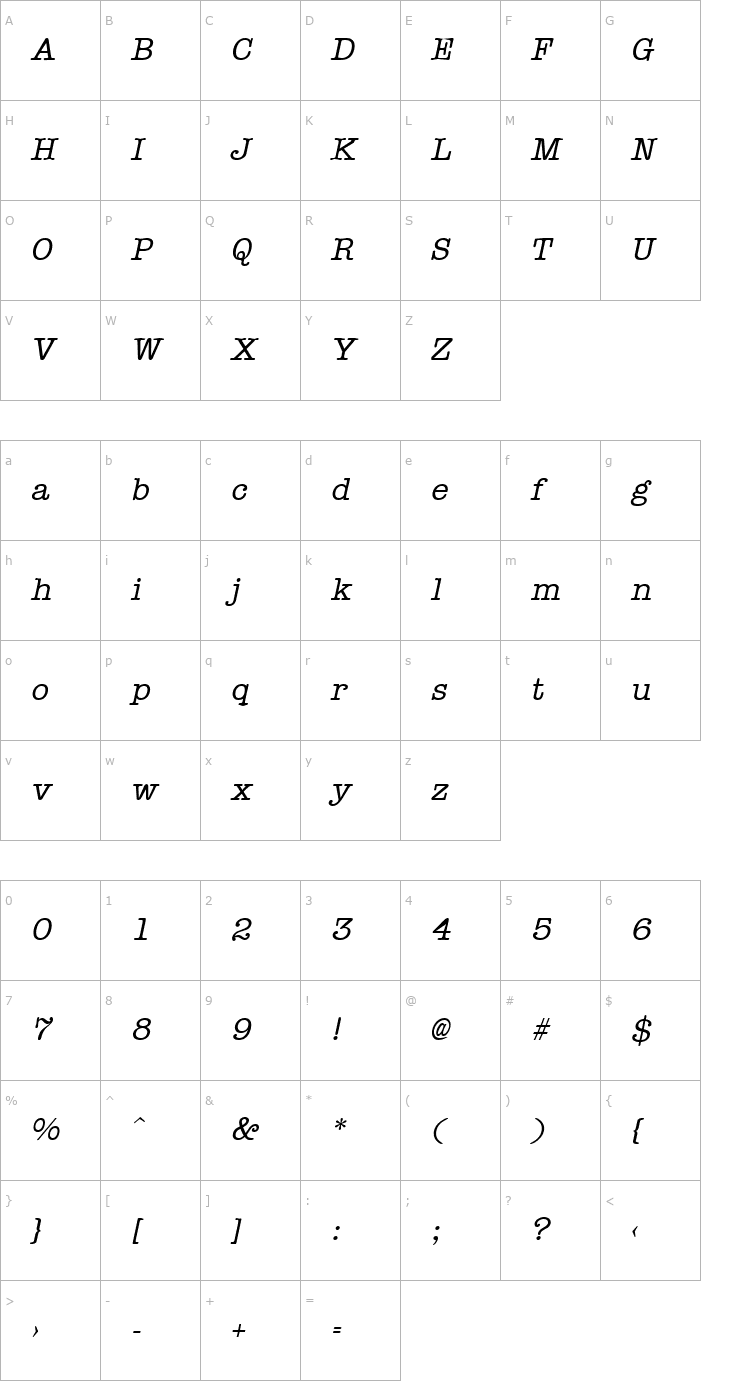 Character Map Typist Italic Font