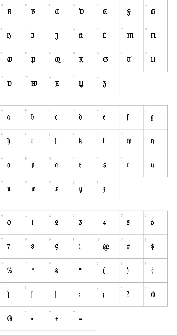 Character Map TypographerGotisch Schmal Bold Font