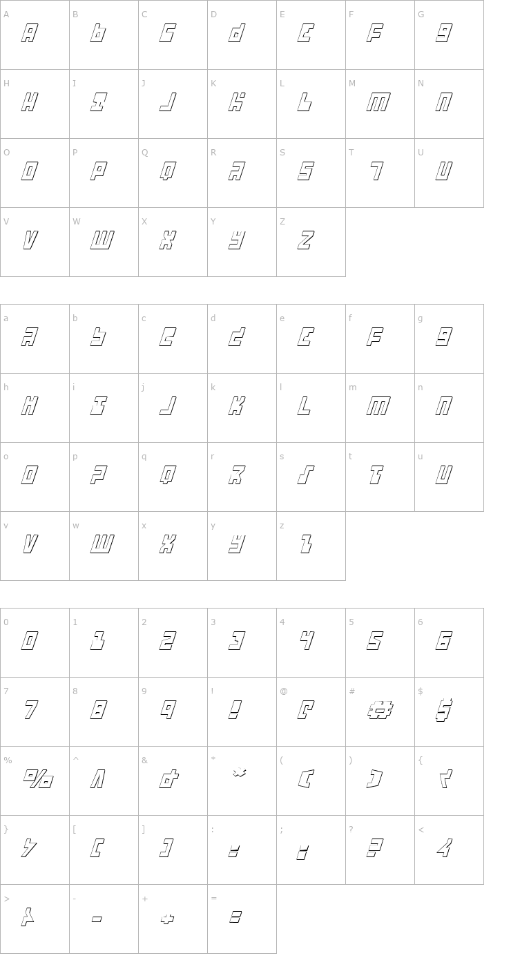 Character Map UFO Hunter 3D Italic Font