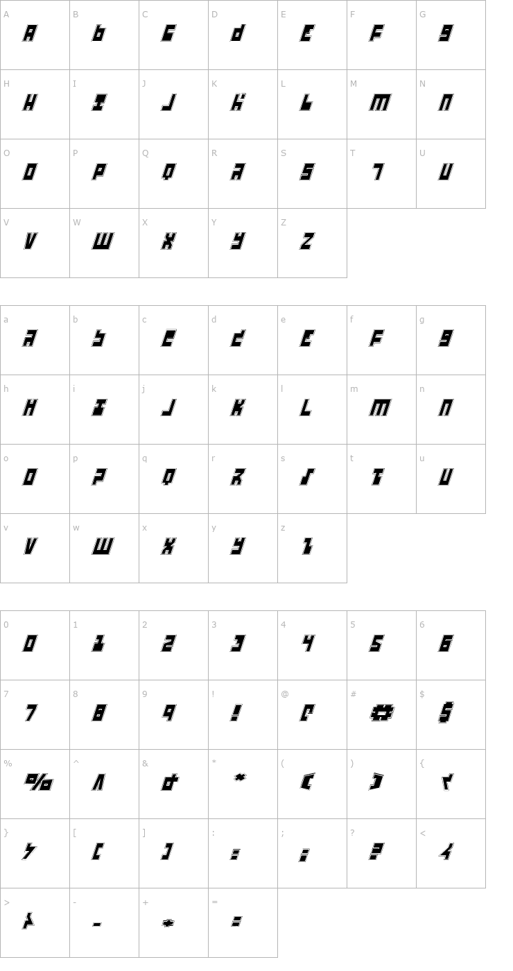 Character Map UFO Hunter Academy Italic Font