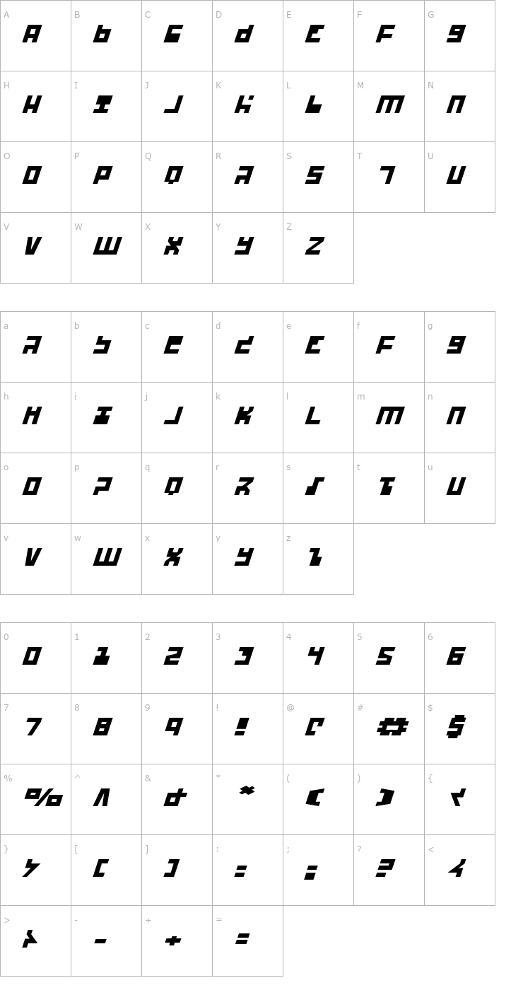 Character Map UFO Hunter Expanded Italic Font