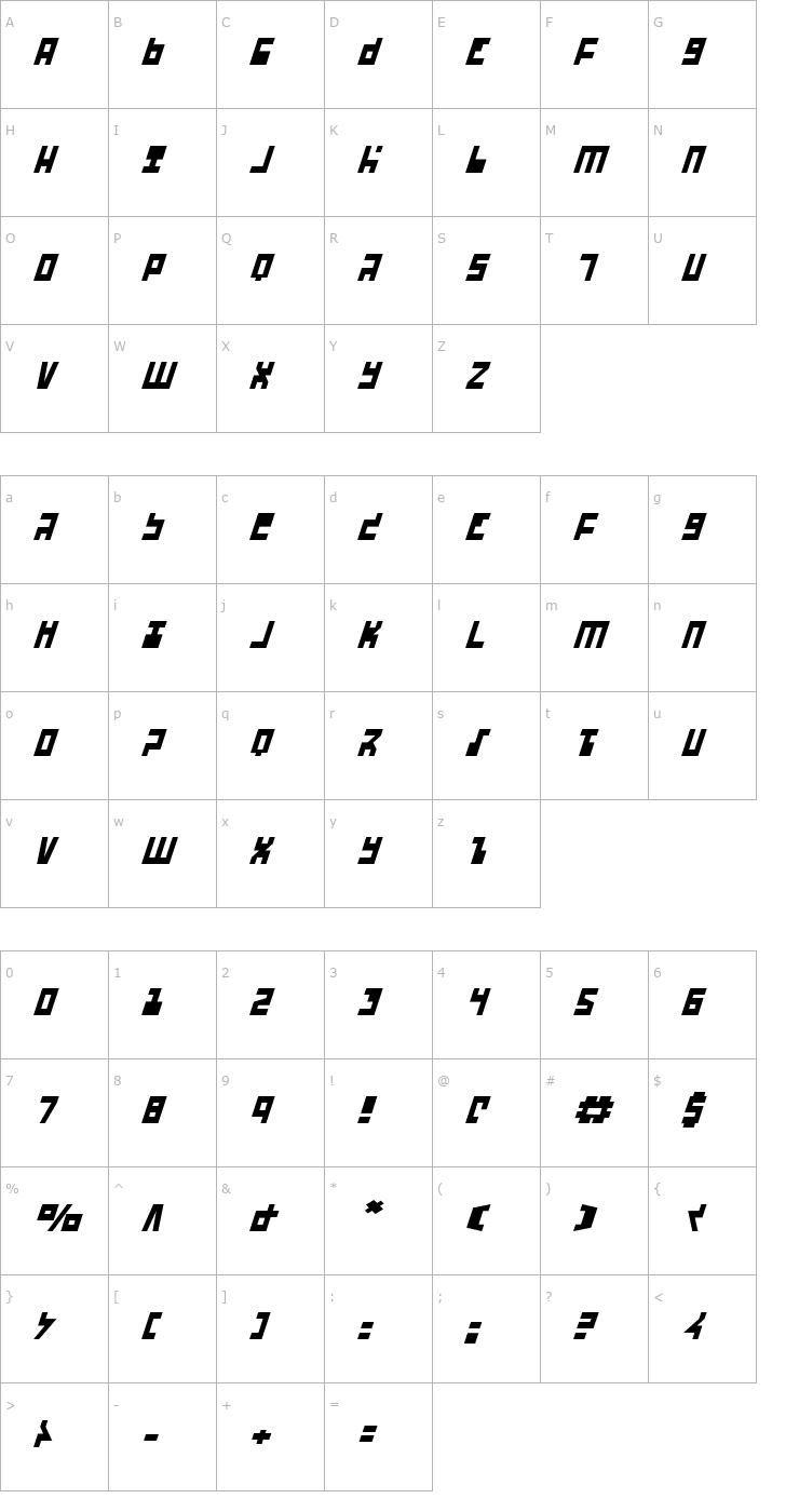 Character Map UFO Hunter Italic Font