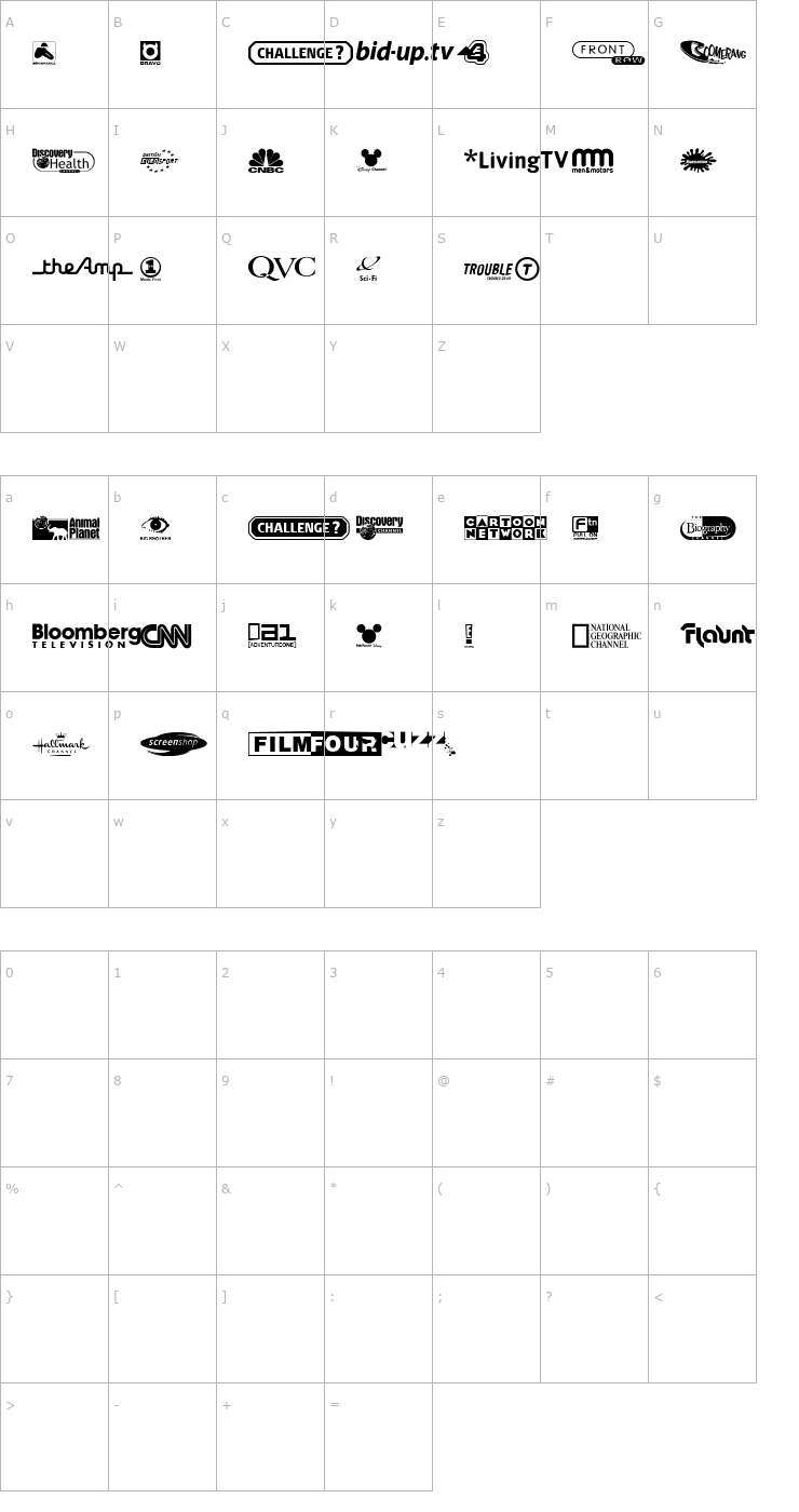 Character Map UK Digital TV Channel Logos Font