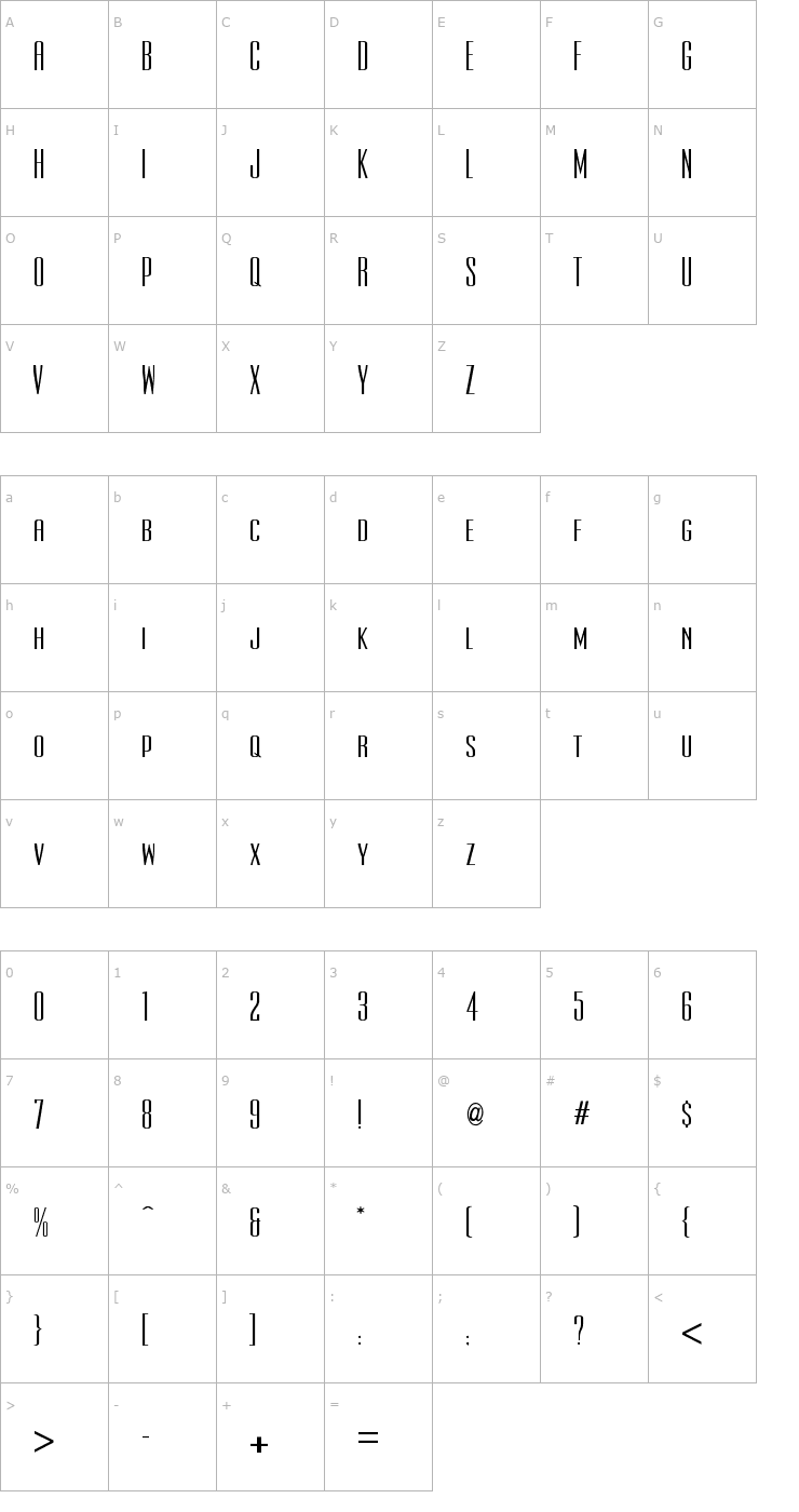 Character Map Ultra Condensed Sans Serif Font