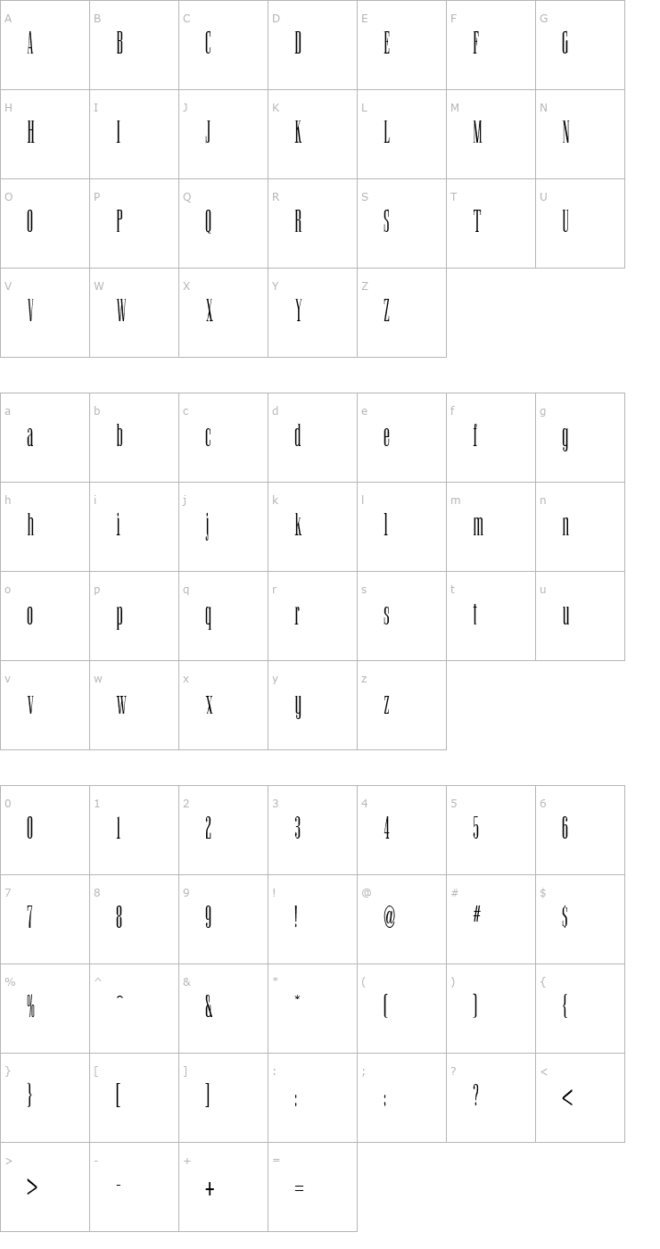 Character Map Ultra Condensed Serif Regular Font