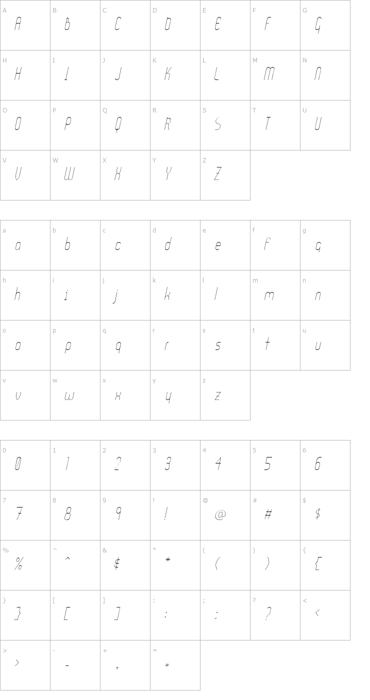 Character Map Ultura LightItalic Font
