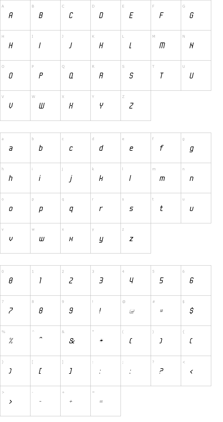 Character Map UNDA-AngleFineItalic Font