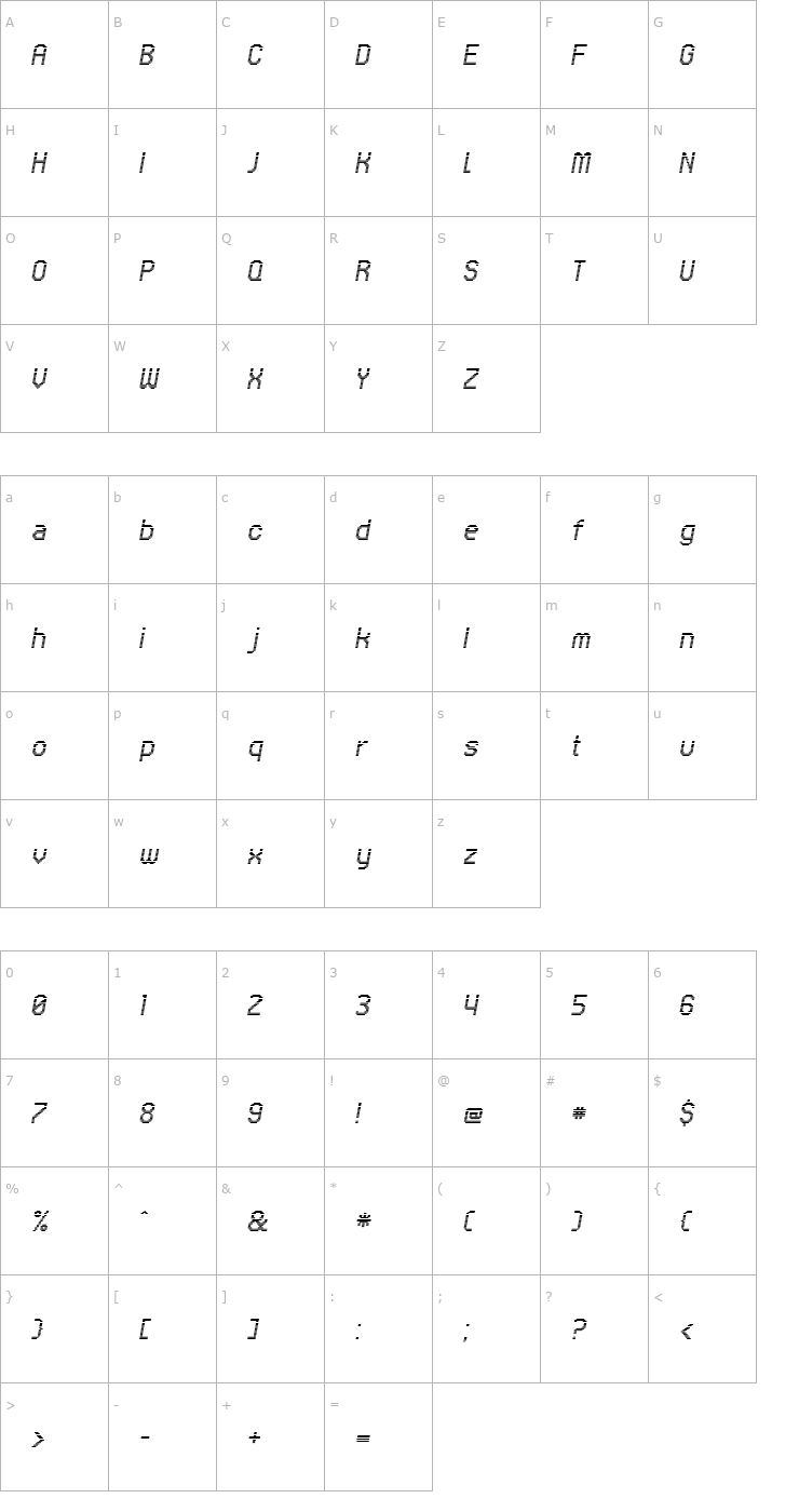 Character Map UNDAHorizontalFineItalic Font