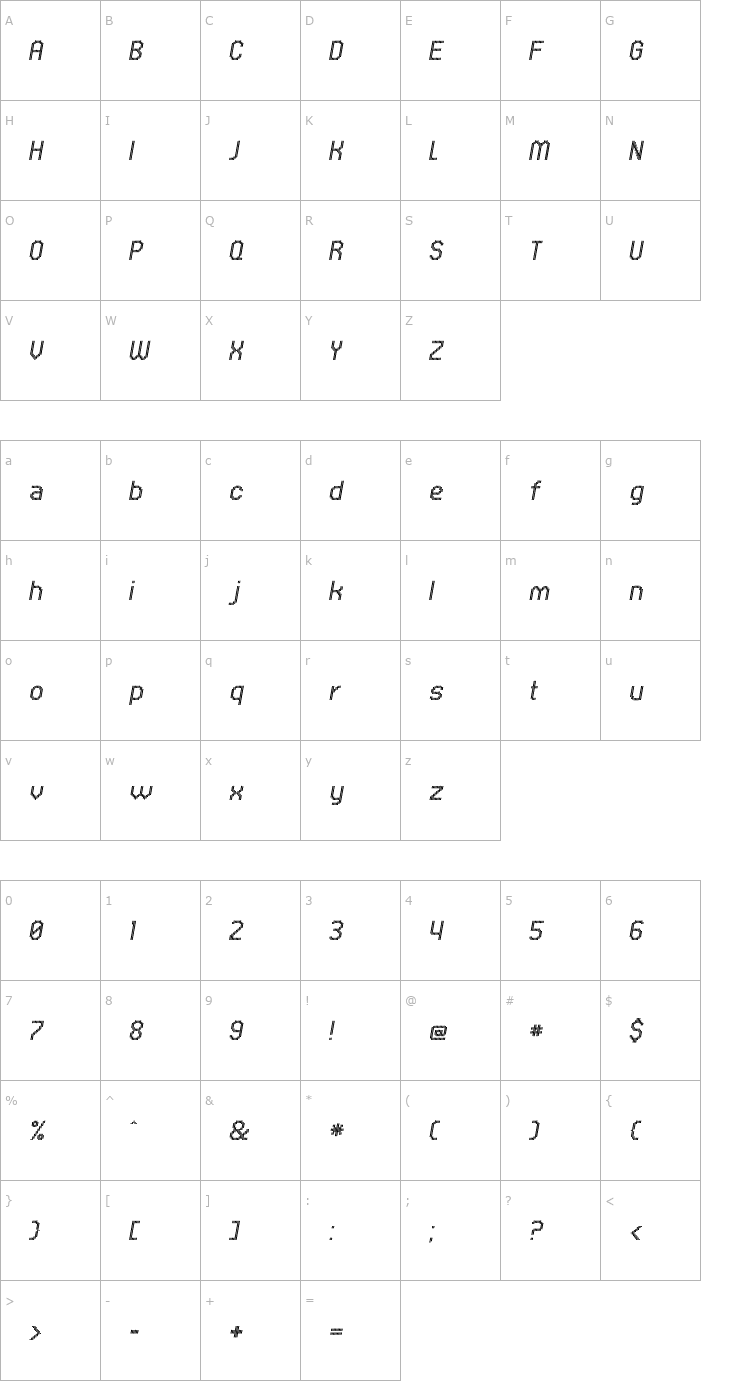 Character Map UNDAVerticalFineItalic Font