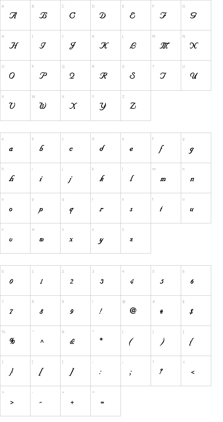 Character Map UnicornScriptSSK Bold Font