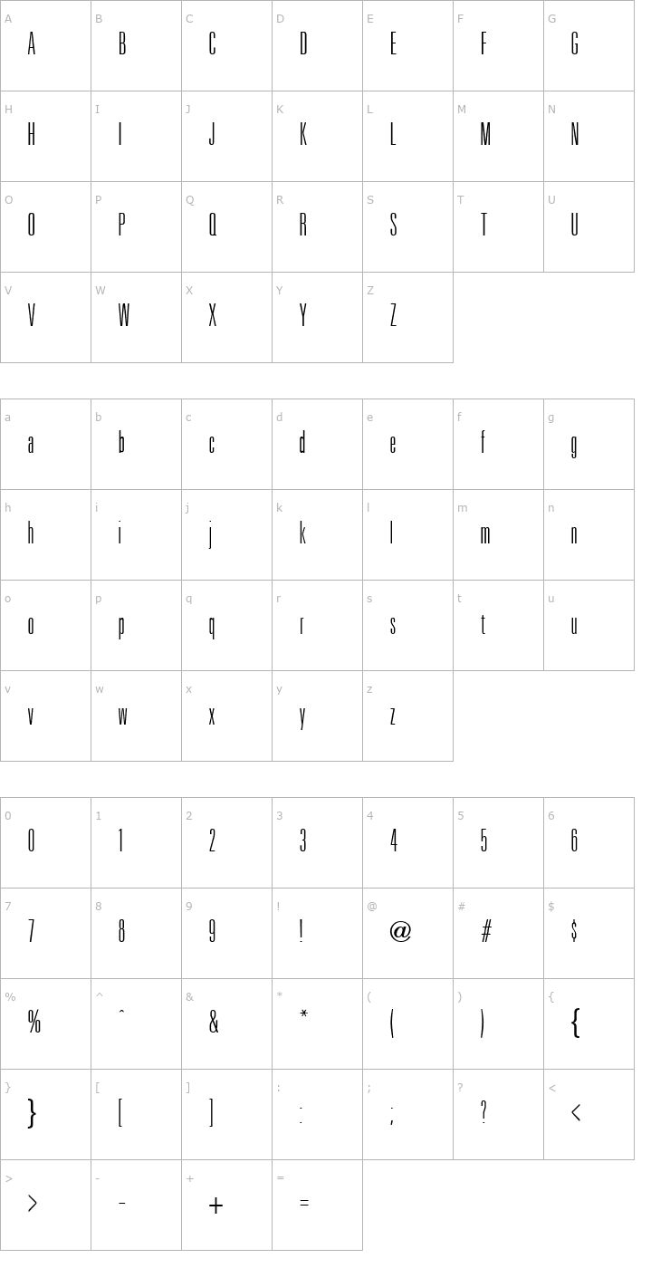 Character Map Uniform Ultra Condensed Light Regular Font