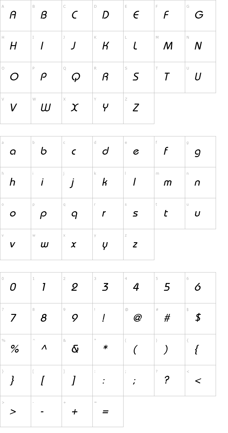 Character Map Unique Oblique Font